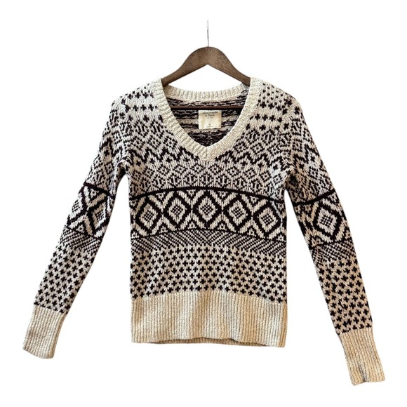 Abercrombie & Fitch Sweaters - Abercrombie Fitch Womens Nordic Fair Isle Sweater XS Beige Maroon Knit Geometric